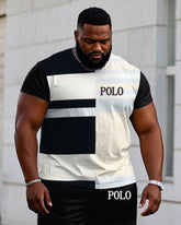 Men's Plus Size Casual Black Colorblock Chest Small Label Printed Short-sleeved T-shirt Shorts Suit